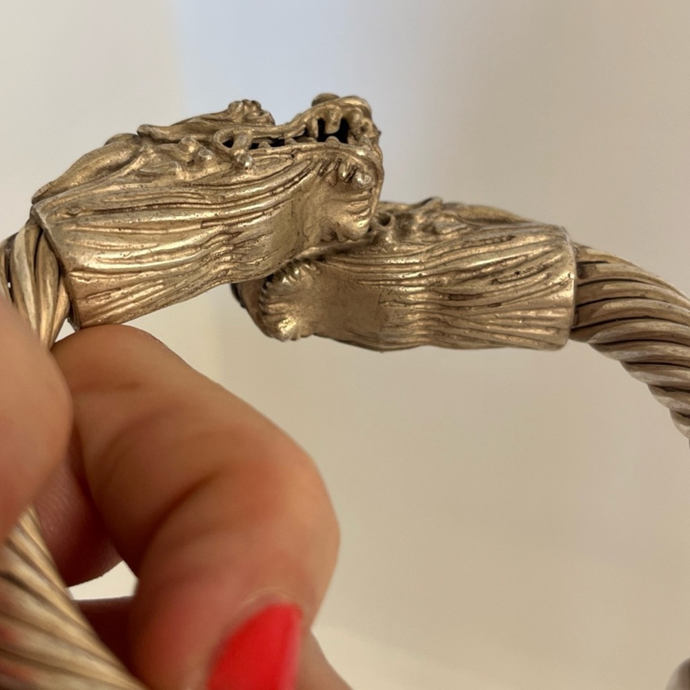 Vintage Double Dragon Heads Silver Tone Bracelet with Green Accents - Picture 10 of 16